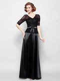 Mother of the Bride Dress Elegant V Neck Floor Length Lace Stretch Satin Half Sleeve with Lace Sash  Ribbon Bow(s)