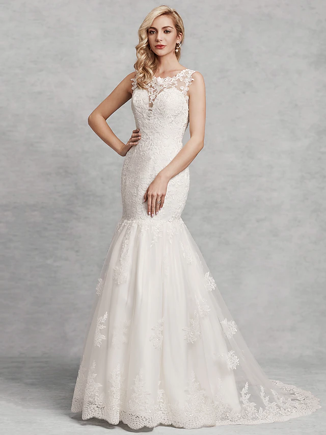 Wedding Dresses Scoop Neck Court Train Lace Satin Tulle Regular Straps Beautiful Back with Lace Appliques