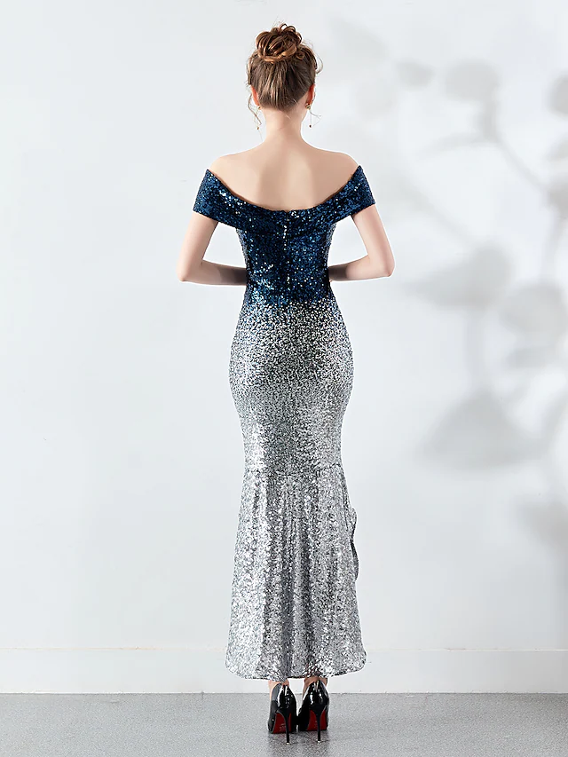 Sexy Wedding Guest Cocktail Party Dress Off Shoulder Sleeveless Asymmetrical Sequined with Sequin