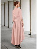 Mother of the Bride Dress Elegant Vintage Jewel Neck Asymmetrical Lace Charmeuse 3/4 Length Sleeve with Sash  Ribbon Pleats