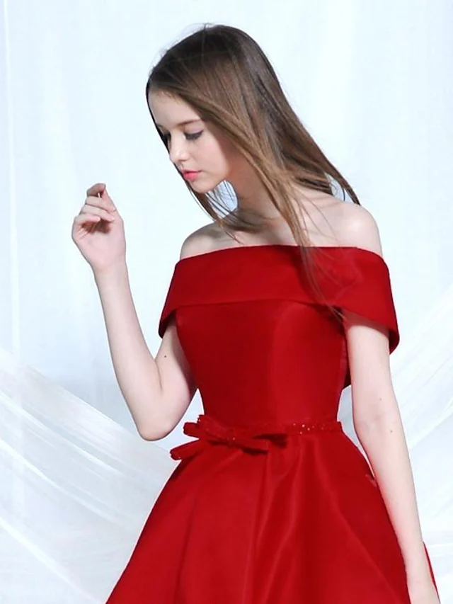 A-Line Elegant Engagement Cocktail Party Dress Off Shoulder Sleeveless Asymmetrical Satin with Bow(s)