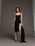 Little Black Dress Sexy Party Wear Cocktail Party Dress Spaghetti Strap Sleeveless Knee Length Spandex with Split