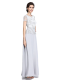 Mother of the Bride Dress Jewel Neck Floor Length Chiffon Short Sleeve with Beading Sequin