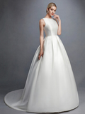 Ball Gown Wedding Dresses Bateau Neck Court Train Lace Satin Regular Straps Formal Backless with Lace Sash Ribbon Beading