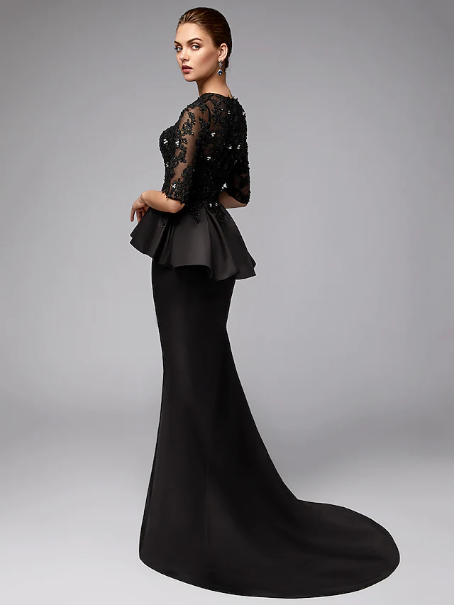 Mother of the Bride Dress Sexy See Through Jewel Neck  Lace Satin Half Sleeve with Beading Appliques