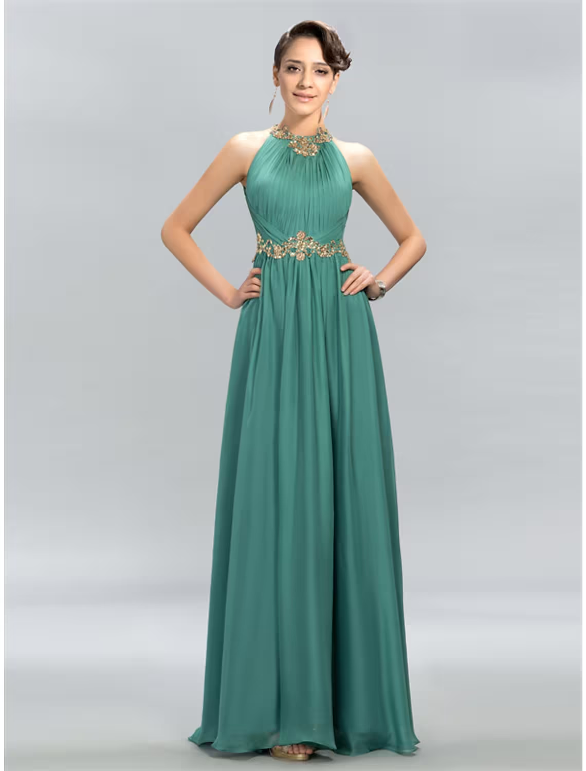A-Line Wedding Guest Dresses Maxi Dress Party Wear Floor Length Sleeveless Halter Chiffon with Ruched Appliques