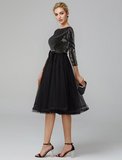 A-Line Cocktail Dresses Sparkle & Shine Dress Formal Tea Length 3/4 Length Sleeve Jewel Neck Tulle with Sequin Strappy