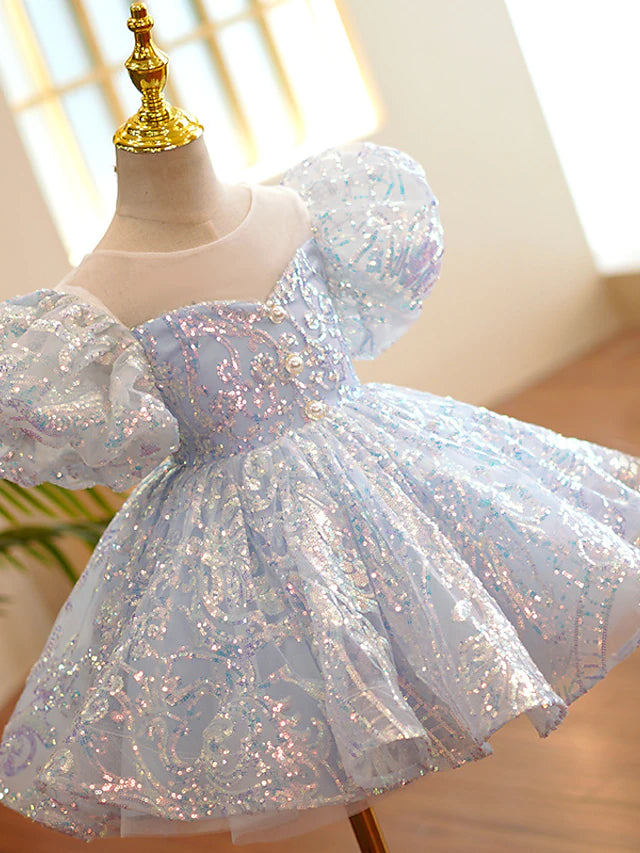 Princess Knee Length Flower Girl Dresses Party Tulle Short Sleeve Jewel Neck with Paillette
