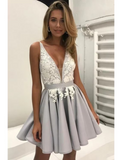 A-Line Cocktail Dresses Party Dress Graduation Short / Mini Sleeveless V Neck Satin Backless with Beading Appliques