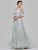 A-Line Empire Dress Wedding Guest Floor Length Half Sleeve Illusion Neck Tulle with Bow(s) Appliques