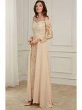 A-Line Evening Gown Elegant Dress Wedding Guest Floor Length Long Sleeve Off Shoulder Polyester with Overskirt Appliques