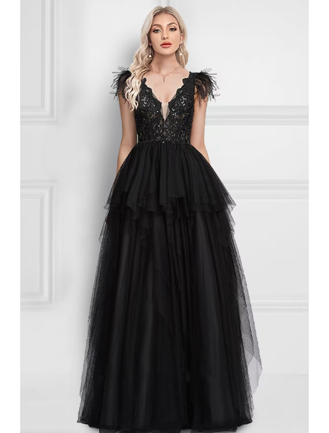 A-Line Prom Dresses Black Dress Wedding Party Floor Length Sleeveless V Neck Tulle with Feather Appliques