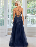 A-Line Sheath / Column Evening Gown Floral Dress Formal Floor Length Sleeveless Spaghetti Strap Tulle with Sequin Appliques
