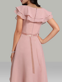 A-Line Wedding Guest Dresses Tiered Dress Cocktail Party Tea Length Short Sleeve V Neck Belt / Sash Chiffon with Beading