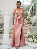A-Line Princess Silk like Satin Ruched V-neck Sleeveless Floor-Length Bridesmaid Dresses