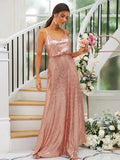 A-Line Princess Sequins Ruched Straps Sleeveless Floor-Length Bridesmaid Dresses