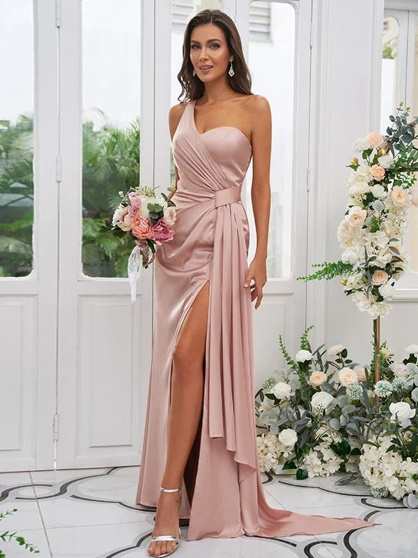 Ruched One-Shoulder Sleeveless Floor-Length Bridesmaid Dresses