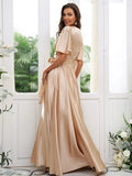 A-Line Princess Silk like Satin Sash Ribbon Belt V-neck Short Sleeves Floor-Length Bridesmaid Dresses
