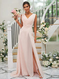 A-Line Princess Chiffon Ruched V-neck Sleeveless  Bridesmaid Dresses