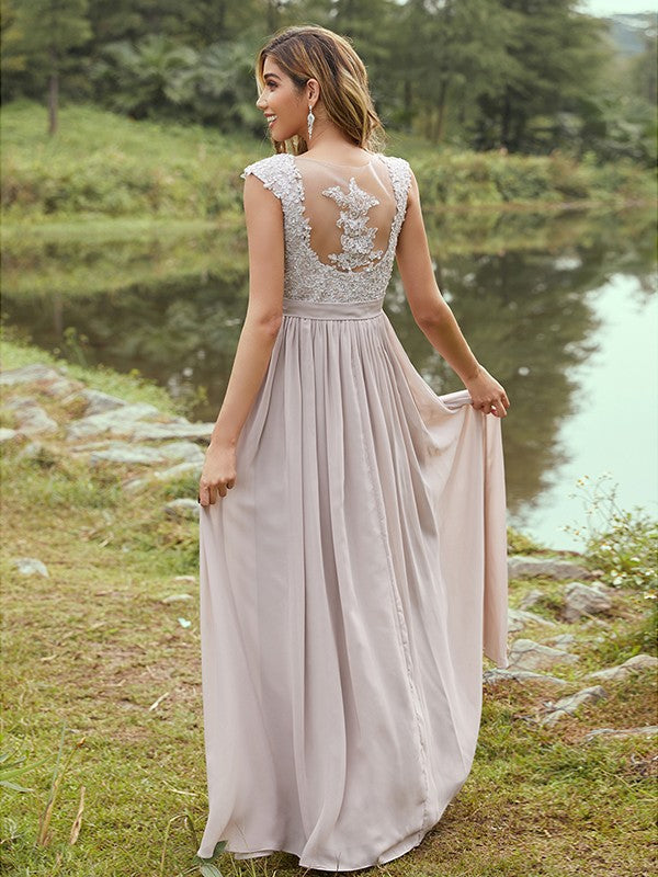 A-Line Princess Chiffon Applique Scoop Short Sleeves Floor-Length Bridesmaid Dresses