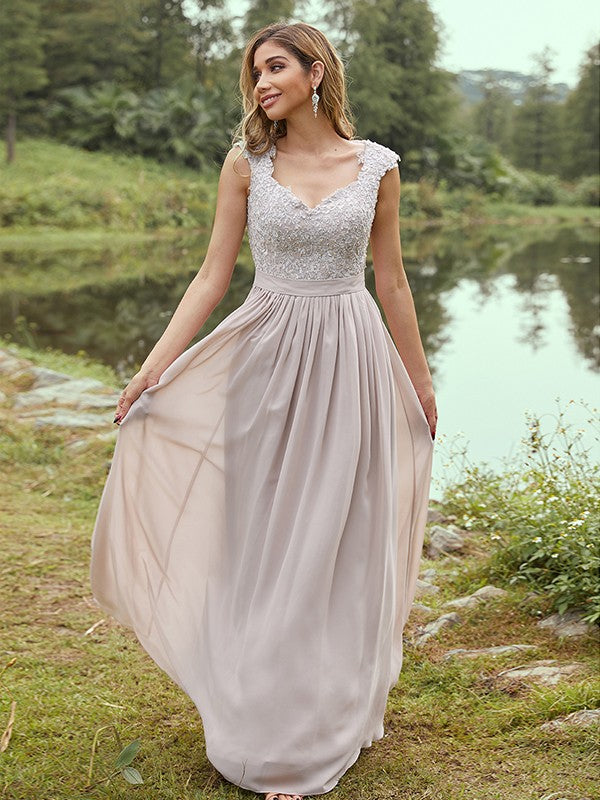 A-Line Princess Chiffon Applique Scoop Short Sleeves Floor-Length Bridesmaid Dresses