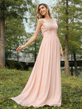 A-Line Princess Chiffon Lace V-neck Sleeveless Floor-Length Bridesmaid Dresses