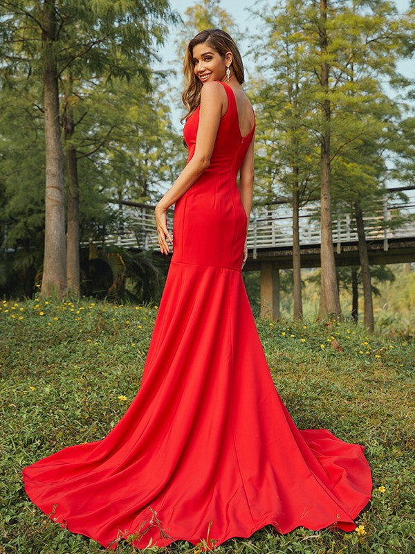 Stretch Crepe Ruffles V-neck Sleeveless  Bridesmaid Dresses Red