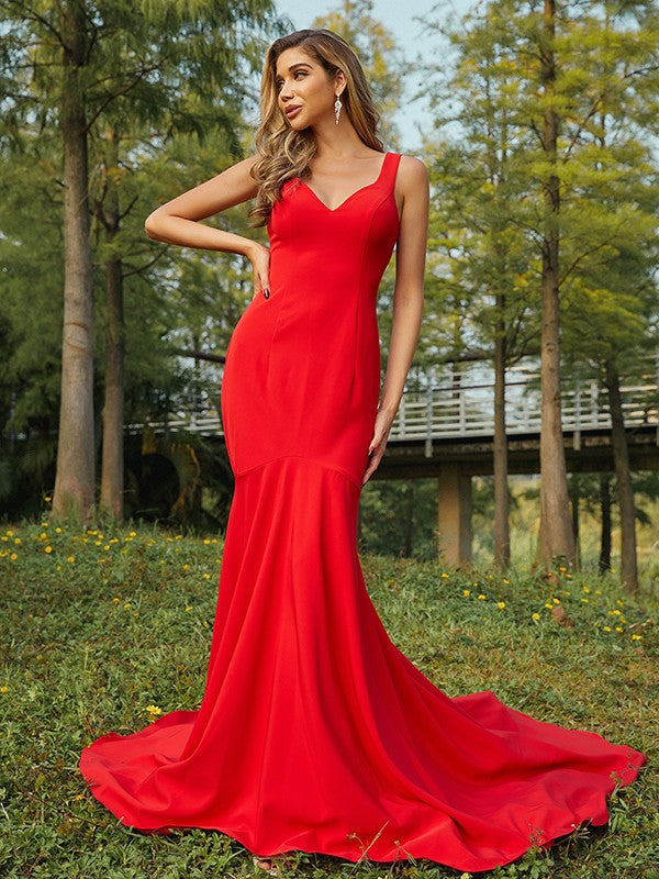 Stretch Crepe Ruffles V-neck Sleeveless  Bridesmaid Dresses Red