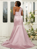 Satin Lace One-Shoulder Sleeveless Plus Size Bridesmaid Dresses Long