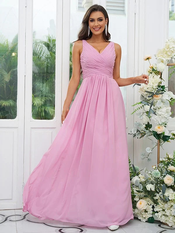 A-Line Princess Chiffon Ruffles V-neck Sleeveless Floor-Length Bridesmaid Dresses