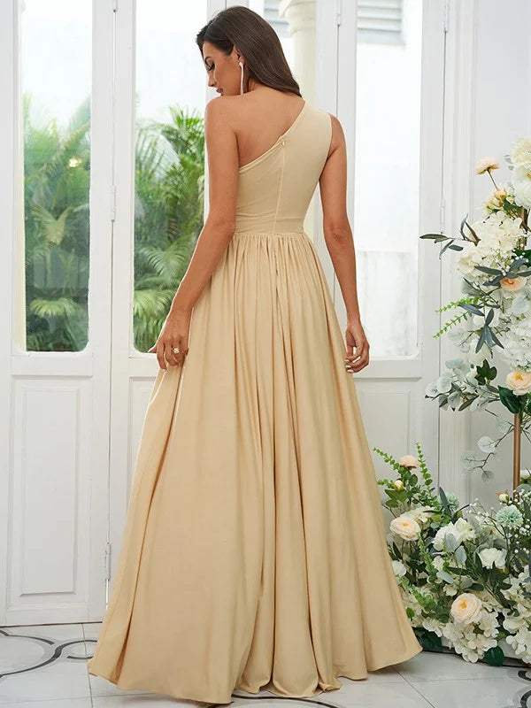 A-Line Princess Jersey Ruffles One-Shoulder Sleeveless Floor-Length Bridesmaid Dresses