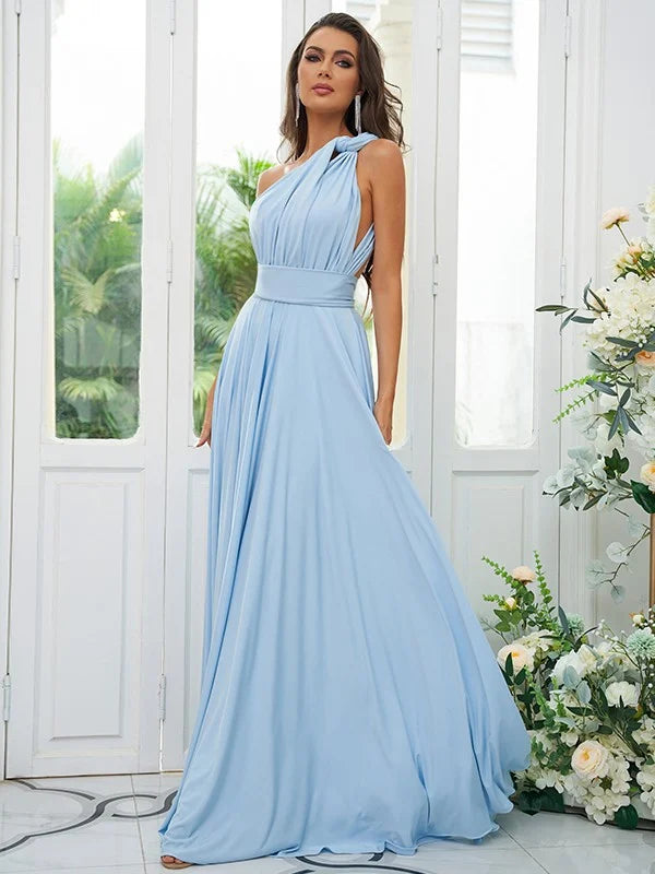 A-Line Princess Jersey Ruffles Halter Sleeveless Floor-Length Bridesmaid Dresses