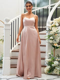A-Line Princess Silk like Satin Ruffles V-neck Sleeveless Floor-Length Bridesmaid Dresses
