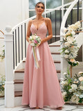 A-Line Princess Chiffon Lace V-neck Sleeveless Floor-Length Bridesmaid Dresses