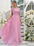 A-Line Princess Chiffon Lace Scoop Short Sleeves Floor-Length Bridesmaid Dresses