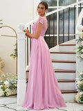 A-Line Princess Chiffon Lace Scoop Short Sleeves Floor-Length Bridesmaid Dresses