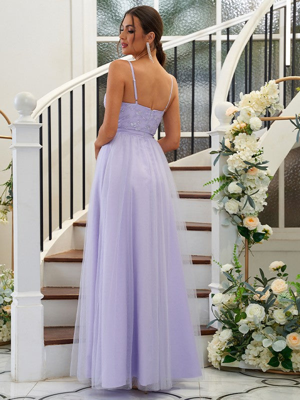 A-Line Princess Tulle Applique V-neck Sleeveless Floor-Length Bridesmaid Dresses