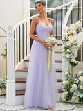 A-Line Princess Tulle Applique V-neck Sleeveless Floor-Length Bridesmaid Dresses