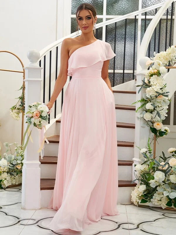 A-LinePrincess Chiffon Ruffles One-Shoulder Sleeveless Floor-Length Bridesmaid Dresses