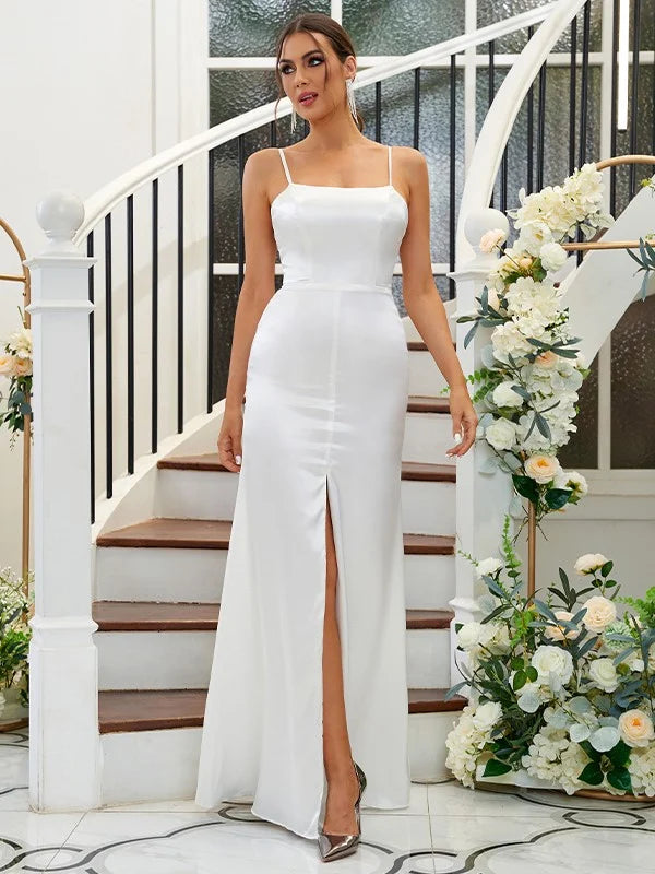 A-Line Princess Silk like Satin Ruffles Spaghetti Straps Sleeveless Floor-Length Bridesmaid Dresses