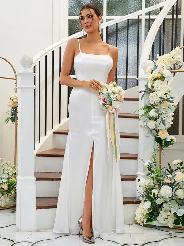 A-Line Princess Silk like Satin Ruffles Spaghetti Straps Sleeveless Floor-Length Bridesmaid Dresses