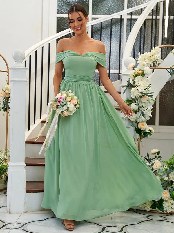 A-Line Princess Chiffon Ruffles Off-the-Shoulder Sleeveless Floor-Length Bridesmaid Dresses