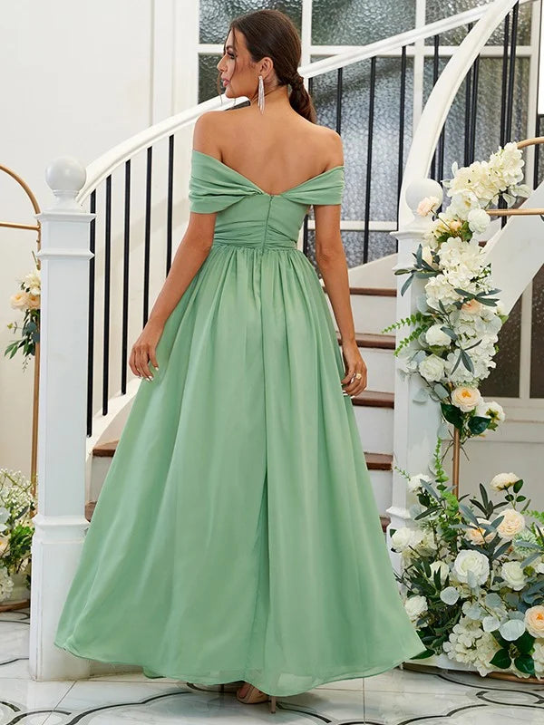 A-Line Princess Chiffon Ruffles Off-the-Shoulder Sleeveless Floor-Length Bridesmaid Dresses