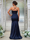 Elastic Woven Satin Ruched V-neck Sleeveless Blue Bridesmaid Dresses