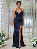 Elastic Woven Satin Ruched V-neck Sleeveless Blue Bridesmaid Dresses