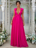 A-Line Princess Chiffon Ruffles V-neck Sleeveless Floor-Length Bridesmaid Dresses