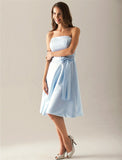 A-Line Bridesmaid Dress Strapless Sleeveless Elegant Knee Length Satin with Sash / Ribbon / Bow(s)