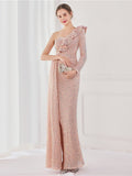 Mermaid / Trumpet Evening Gown Elegant Dress Wedding Guest Floor Length Long Sleeve One Shoulder Sequined V Back with Sequin Slit