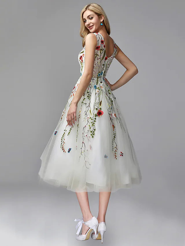 Prom Dresses Elegant Dress Wedding Guest Tea Length Sleeveless  Chiffon with Lace Insert Appliques