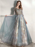 A-Line Prom Dresses Elegant Dress Engagement Floor Length Half Sleeve V Neck Tulle with Pleats Pattern / Print Appliques